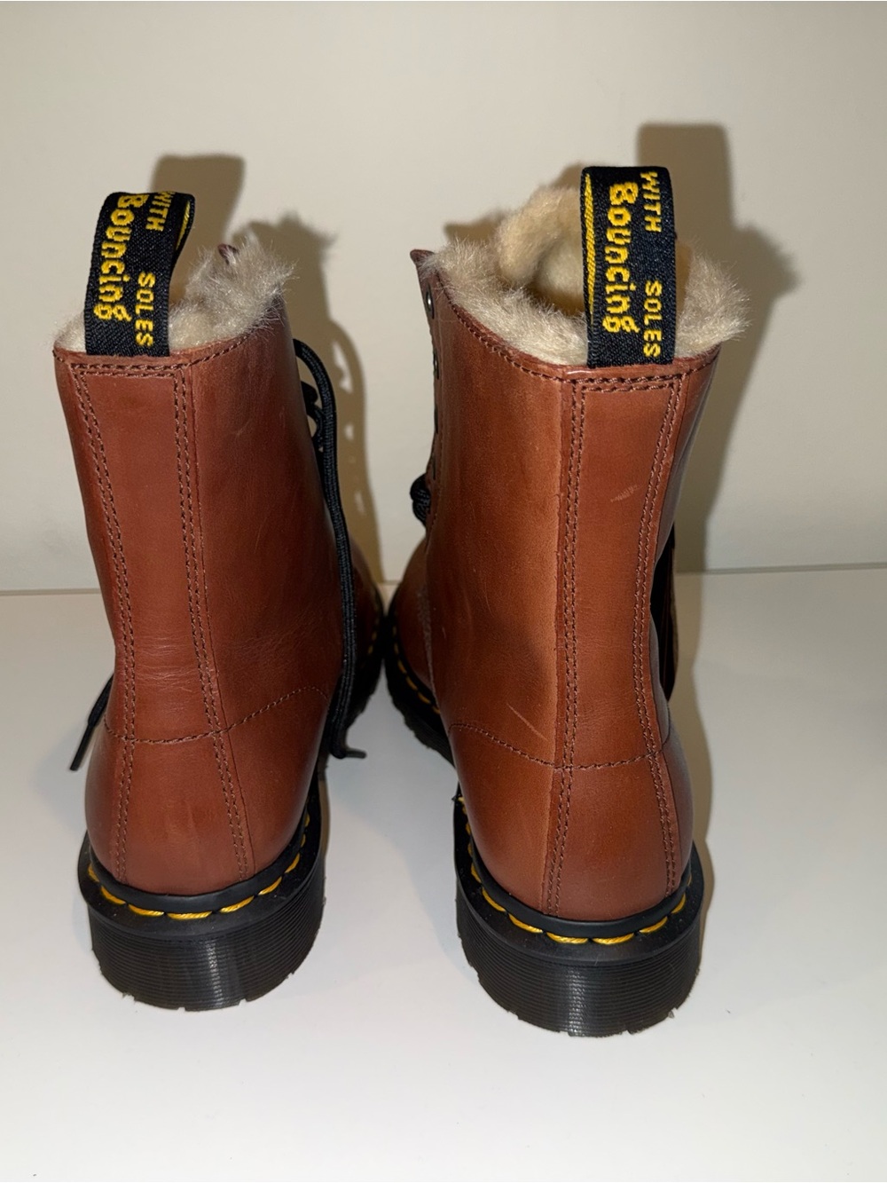 Dr. Martens Brown Leather Lace-Up Boots with Cream Shearling Collar - Picture 3 of 4